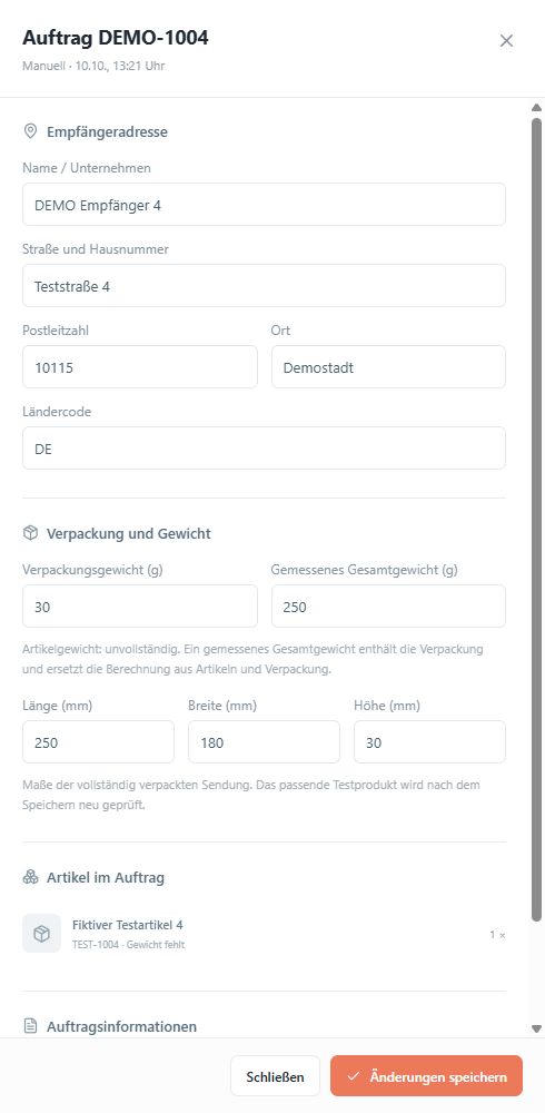 Geöffnete Auftragsdetails in Sikano: Empfängeradresse, Verpackungsgewicht und Sendungsmaße bearbeiten